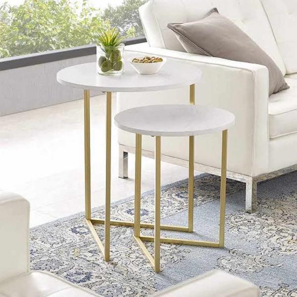 طقم ترابيزات جانبية استيل قطعتين - أبيض وذهبي