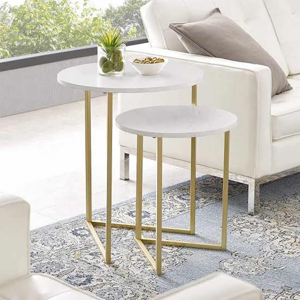 طقم ترابيزات جانبية استيل قطعتين - أبيض وذهبي