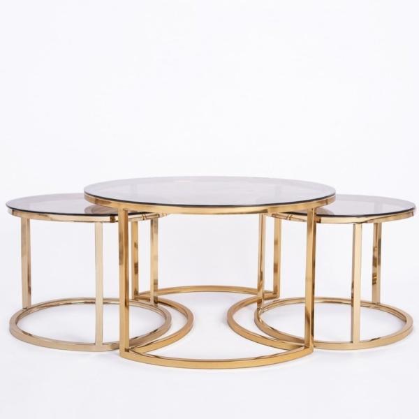 مجموعة ترابيزات حديد ستيل وزجاج ذهبي