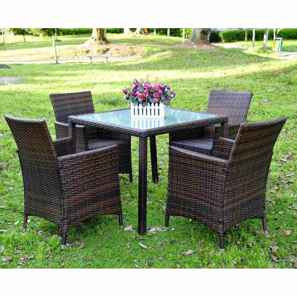 طقم أثاث خارجي بلاستيك رتان 5 قطع - بني