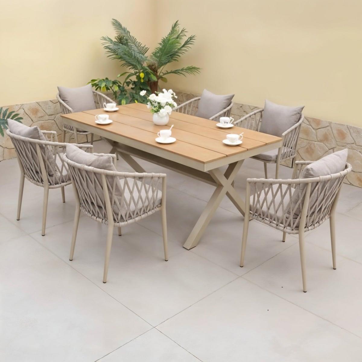 طقم أثاث خارجي حديد و قماش مقاوم للماء 7 قطع -بيج