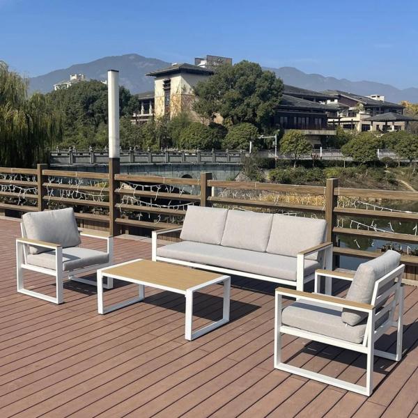 طقم أثاث خارجي حديد و قماش مقاوم للماء 4 قطع - أبيض و بيج