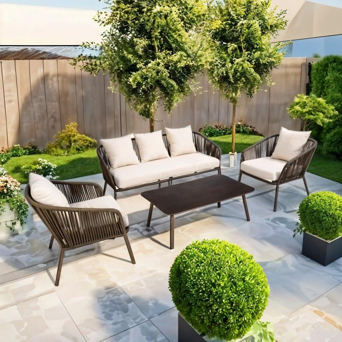 طقم أثاث خارجي حديد و قماش مقاوم للماء 4 قطع - بني و اوف وايت