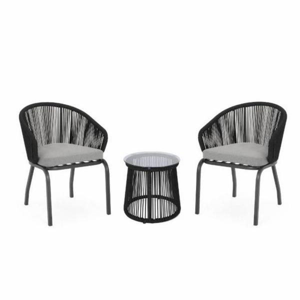 طقم أثاث خارجي حديد و خيط دوبار 3 قطعة - أسود و رمادي