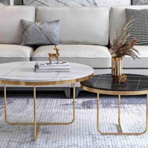 طقم ترابيزات قهوة ستيل و رخام كراره تركى قطعتين - ذهبي