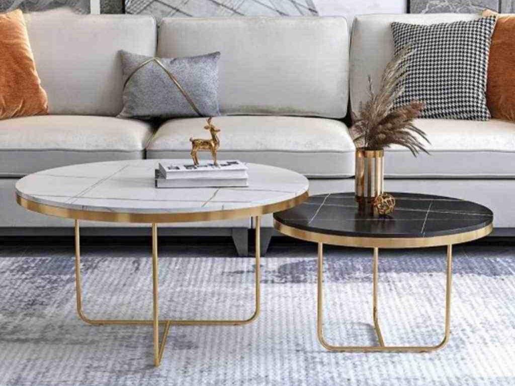 طقم ترابيزات قهوة ستيل و رخام كراره تركى قطعتين - ذهبي